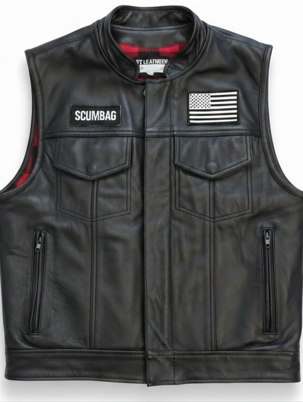 Hot Leathers Men M Black Leather Biker Motorcycle Vest Skull Patches Plaid